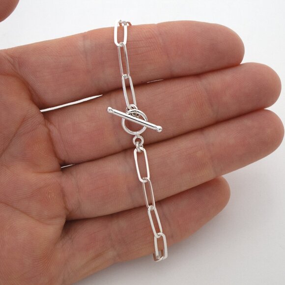 925 Sterling Silver Paperclip Toggle Clasp Bracelet 7 inch, Dainty Bracelet - Picture 6 of 9
